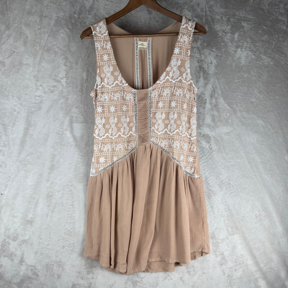 ONeill Womens Tan Embroidered Boho Gauze Sleeveless Tunic Top XS Scoop Neck Lace - Picture 4 of 11